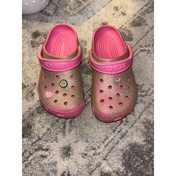 Crocs Sparkle Slip On Clogs Girls Size 4 Shimmer Padded Comfort Washable Pink - Picture 1 of 6